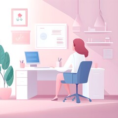 Poster - Woman Working at Desk in Pink Office Illustration