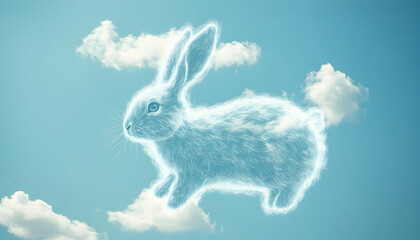 Poster - A white rabbit made of clouds floats in a light blue sky.