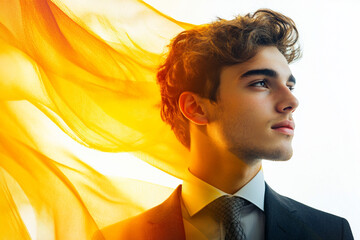 A man in a suit and tie is standing in front of a yellow curtain