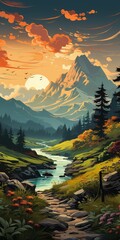 Canvas Print - Serene mountain stream at sunset