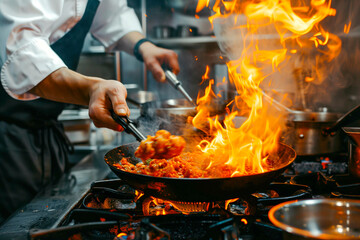 Close-up Professional chef hands cook food with fire in kitchen at restaurant.