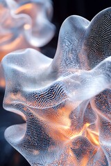 Abstract glowing light shining through a white, textured, translucent fabric, with a wavy, rippled surface and blurred background.