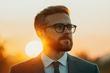 Wall Mural - A man with a beard and glasses is standing in front of a sunset