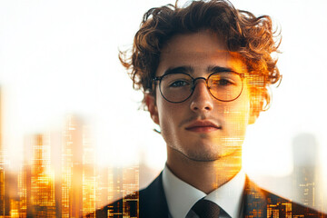 Wall Mural - A man wearing glasses and a suit is standing in front of a city skyline