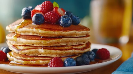 A stack of fluffy pancakes topped with fresh berries and syrup, served on a white plate, evoking a delicious breakfast experience.