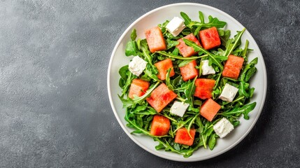 A fresh salad composed of arugula, watermelon, and feta cheese, arranged on a round white plate against a dark background.