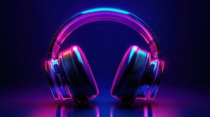 Neon glowing headphones on a dark background with electro house music vibes, AI generated image