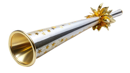 Gold and silver party horn for celebrations, transparent or white isolated background.