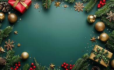 Green Christmas Background with Fir Branches, Golden Stars, Red Gifts, and Snowflakes for New Year Greetings