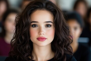 Poster - Captivating portrait of a young woman with dark hair and vibrant makeup