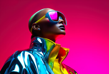 Wall Mural - Futuristic neon fashion and fluorescent vibrance color and showing glossy chrome texture of clothes.cyber punk stylish design