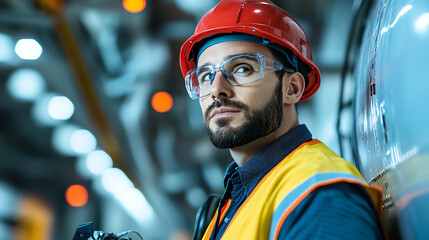 A focused industrial worker wearing a hard hat and safety goggles in a manufacturing environment, highlighting safety and professionalism.