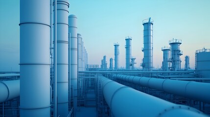 Complex Industrial Gas Refinery with Intricate Machinery and Piping in Blue Toned Morning Lighting