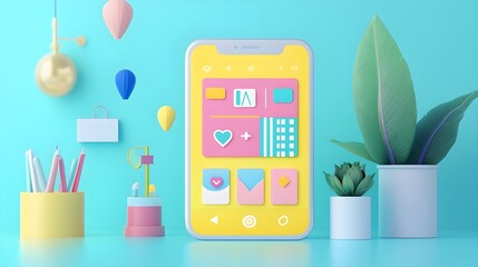Poster - Colorful 3D Phone Mockup with UI Design and Minimalist Elements