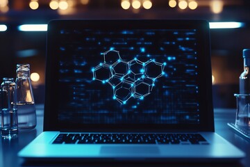 Laptop displaying a glowing molecular structure in a dark laboratory, highlighting technological and scientific innovation in research.