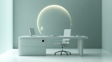 Poster - Minimalist modern office space with sleek furniture, featuring a white desk, chair, and decor against a green wall with circular lighting.