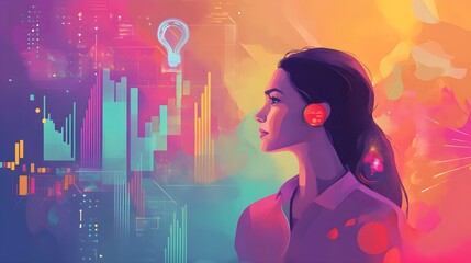 Poster - Woman with Light Bulb and Data Visualization in a Colorful Abstract Background