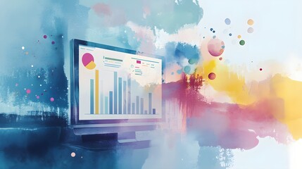 Poster - Abstract Watercolor Background with Data Visualization and Computer Screen