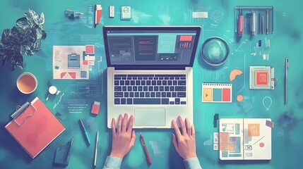 Poster - Laptop and Design Elements on a Turquoise Desk