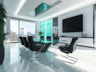 Poster - Modern glass conference room with panoramic city view.
