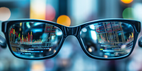 Poster - Businessman wearing eyeglasses reflecting financial charts and graphs