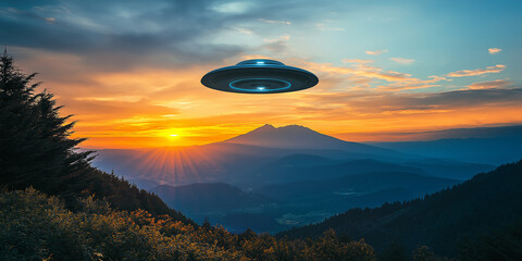Aufkleber - Unidentified flying object hovering over mountain range at sunset