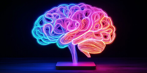 Fototapete - Neon brain glowing showing artificial intelligence and creativity