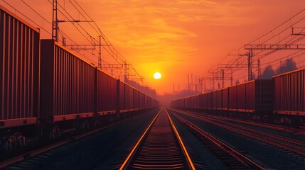 Bustling Industrial Train Terminal with Freight Loading at Sunset