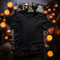 Black t-shirt mock up halloween candles pumpkim themed 