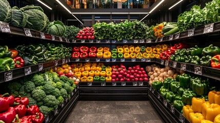 Fresh produce displayed on shelves in a grocery store.