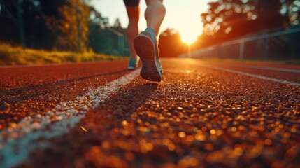 Runner's feet on track during sunset, capturing motion and determination.