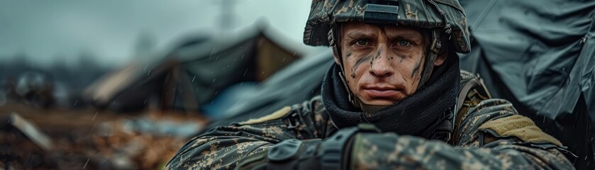 Soldier in military gear with a serious expression, outdoor setting.