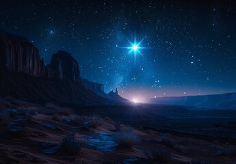 Bright Christmas Star Over Desert Night Sky Symbolizing Jesus Birth with Starry Sky and Hills