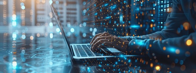 Aufkleber - Digital Designer Creating Website with Laptop and server Room Background Virtual Reality IT Support Big Data Storage AI Databases Business Technology Concept