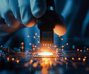Poster - A close-up view of a hand engineering a microchip, showcasing the intricate connections and glowing circuitry, symbolizing innovation and the future of technology.