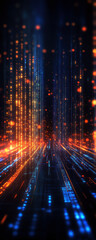 Poster - This mesmerizing image portrays a digital pathway illuminated by vibrant lights in shades of orange and blue, creating a captivating visual journey into the depths of technology.