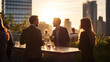 © AspctStyle - Business professionals networking at a rooftop event during sunset, with a city skyline in the background, creating a vibrant and sophisticated social atmosphere