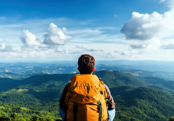 A lone hiker enjoys breathtaking mountain views, surrounded by lush greenery and expansive skies. This moment captures the essence of adventure and the beauty of nature.