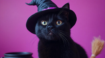 black cat wearing witch hat on purple background copy space halloween fashion stylish theme pet animal cute mysterious playful charm adorable eyes whimsical character fun features pose seasonal