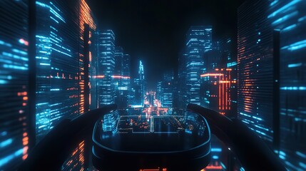 Canvas Print - Futuristic Cityscape with Neon Lights and Technology