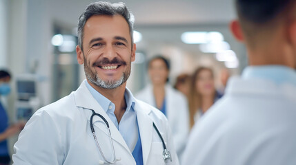 Expertise male man doctor physician white coat stethoscope healthcare medical worker confidently smiling in hospital with his team teamwork for patient care outcome improvement wellness hospital