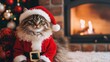 © Thitiwadee - A fluffy cat dressed as Santa Claus, posing by a fireplace