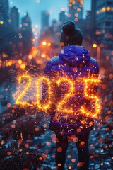 Aufkleber - Sparkling 2024 Fireworks in Purple Sky with Stars and Bright Twinkling Lights