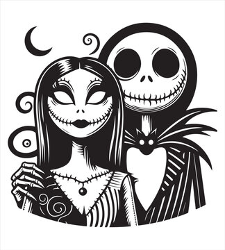 Jack and sally halloween silhouette vector