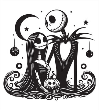 Jack and sally halloween silhouette vector