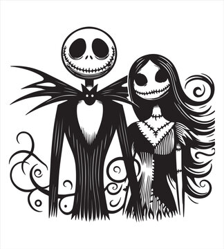 Jack and sally halloween silhouette vector