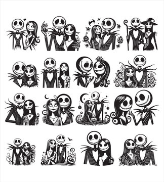 Jack and sally halloween silhouette vector