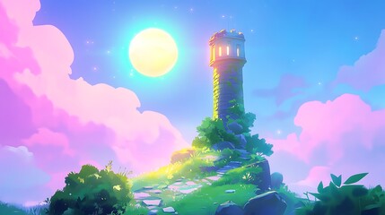 Poster - Magical Stone Tower Under a Full Moon with Pink Clouds.