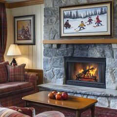 Canvas Print - Cozy Living Room with Stone Fireplace and Artwork.