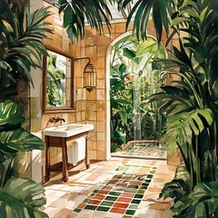 Poster - Watercolor Illustration of a Luxurious Bathroom with Tropical Plants.